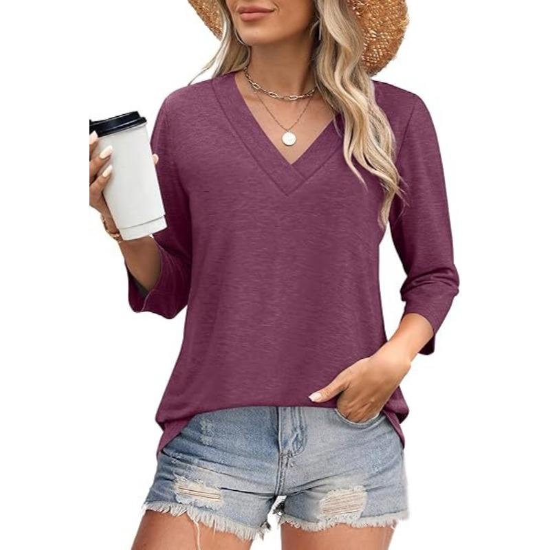 Damen V-Ausschnitt 7-Zoll Ärmel Oberteil für Frühling Lässige Damenbekleidung Taillenknoten Strick-T-Shirt