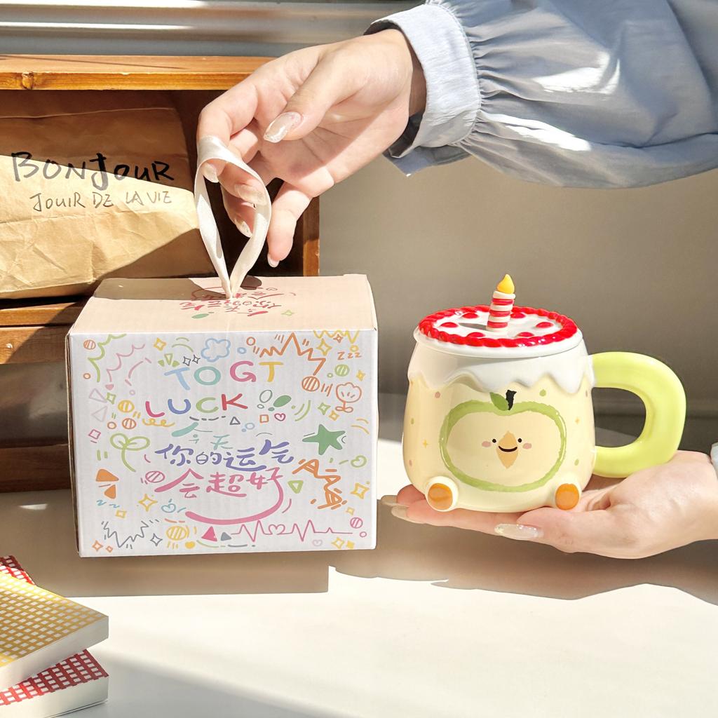 Birthday gift Cute apple cup High value ceramic household water cup Girls birthday gift souvenir gift box