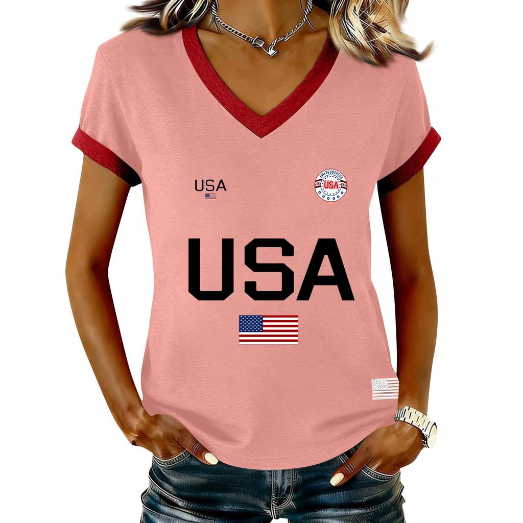 Damen Lässiger V-Ausschnitt Kurzarm Pullover Bedrucktes T-Shirt Top