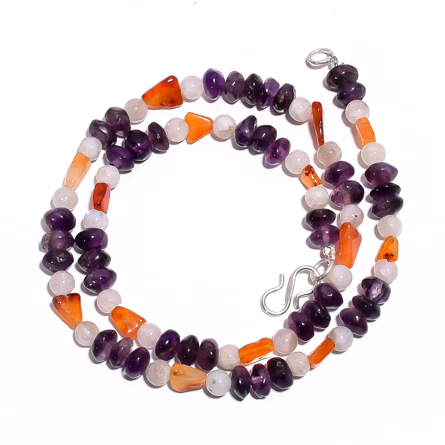 

Natural Amethyst Carnelian Moonstone Gemstone Smooth Beads Necklace 17 UB-4633 UB-4633
