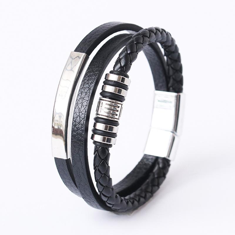 Custom Multi Layers Leather Bracelet for Men,Classic Metal Tube Handmade Braided Wristband,Gift for Husband Father Boyfriend