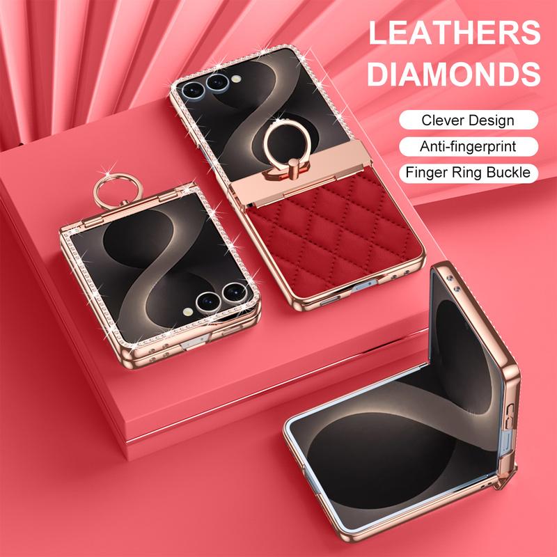 Luxury Diamond PU Leather Phone Case for Samsung Z Flip 8 7 6 5 4 Flip6 Flip7 Flip8 Ring Holder Hinge Protective Cover Women
