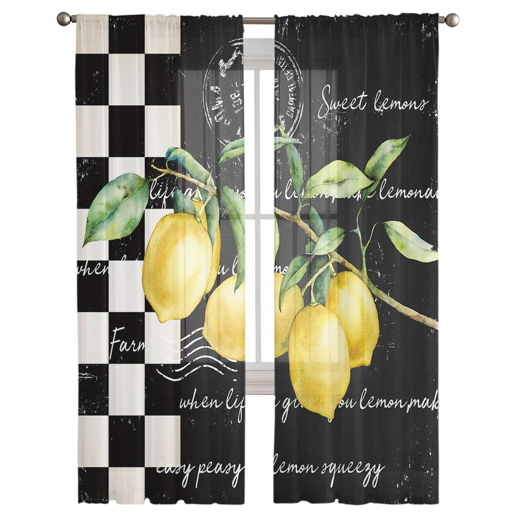 Farm Fruit Lemon Plaid Sheer Curtains Window Tulle Curtains For Living Room Bedroom For Kitchen Veiling Curtains Decoration