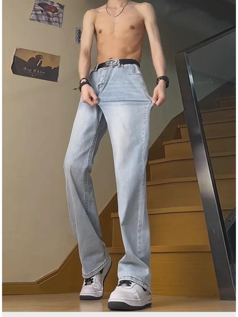 Light Blue Men's Flared Machete Jeans - Versatile American High Street Style, Straight Leg Summer Pants.