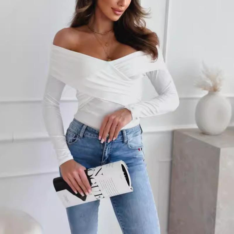 

Tooxika 2024 осень и зима новые женские однотонные топы сексуальные облегающие футболки с открытыми плечами и длинными рукавами XXL