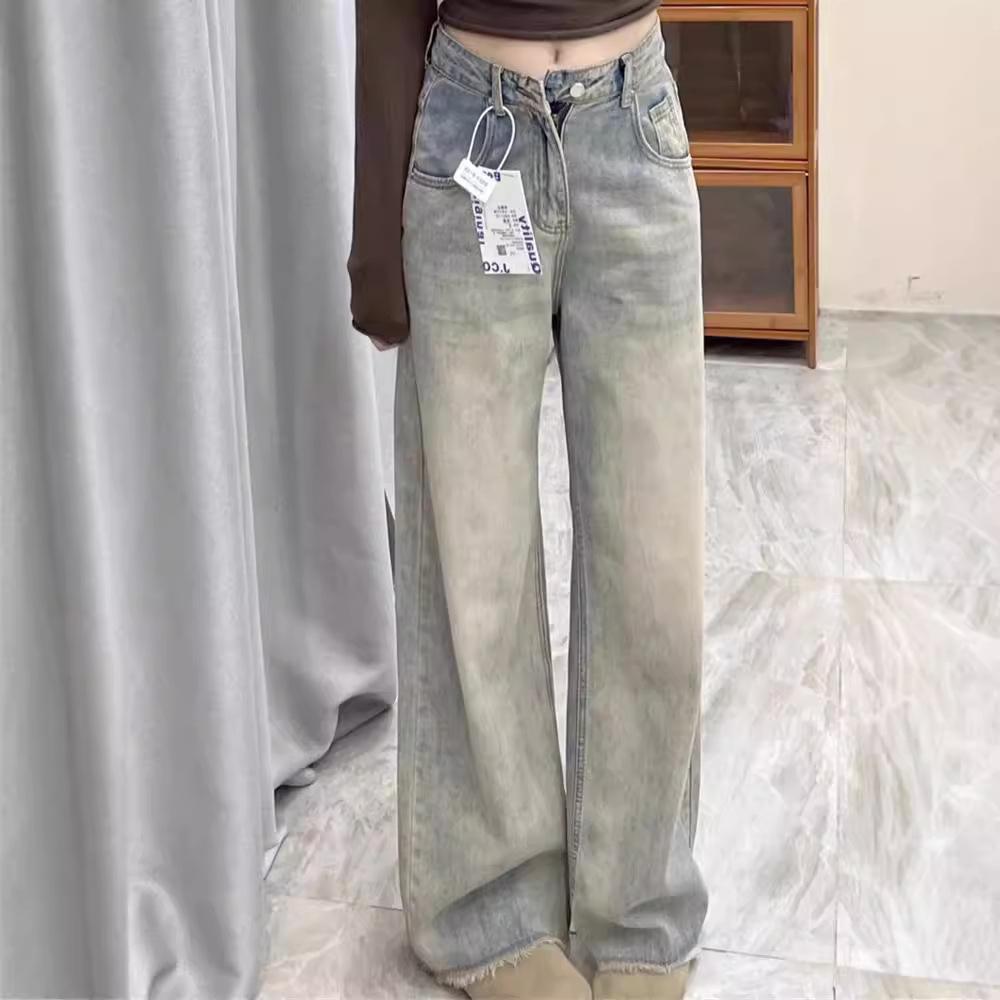 Plus Size Vintage Washed High Waist Wide-Leg Jeans for Women - Loose Fit, Raw Hem, Floor-Length, Trendy Spring/Autumn 2024.