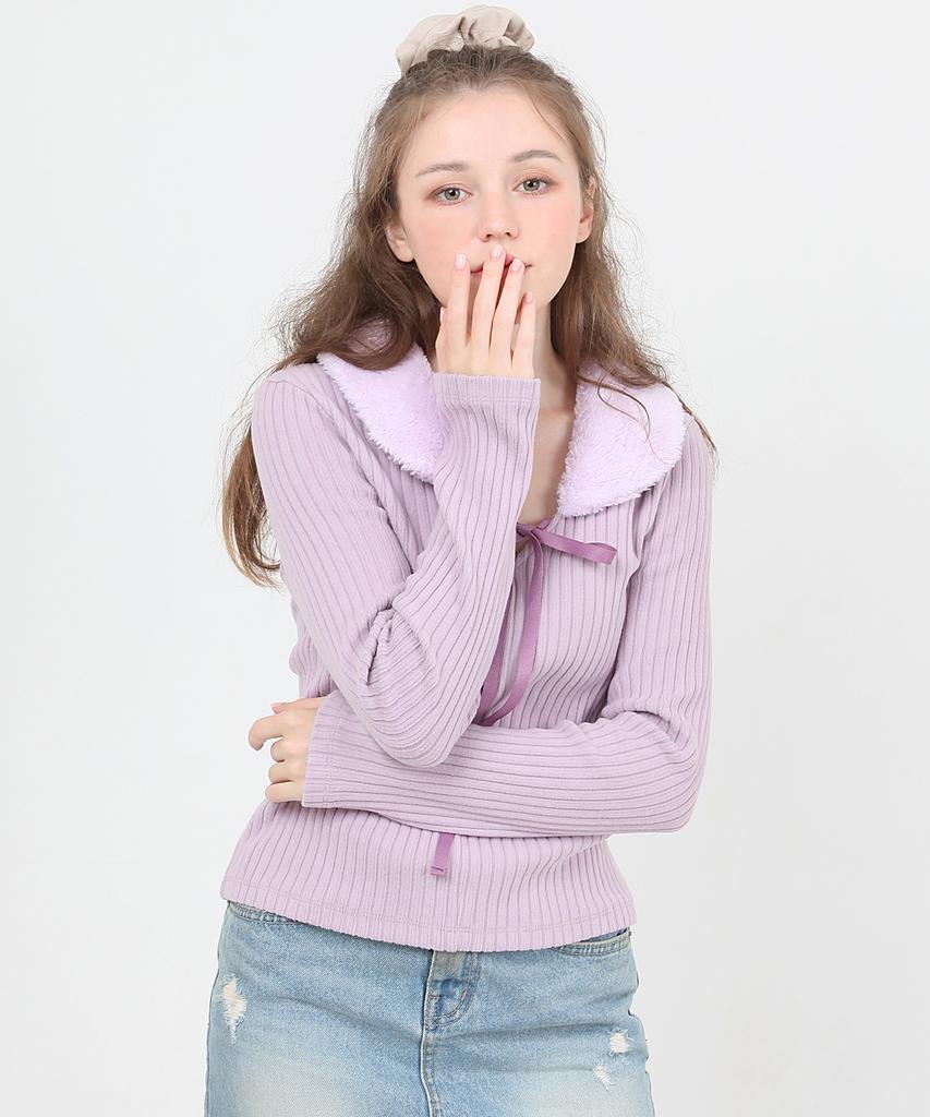 CATTLINE Fur Collar Knit T-Shirt (Purple)