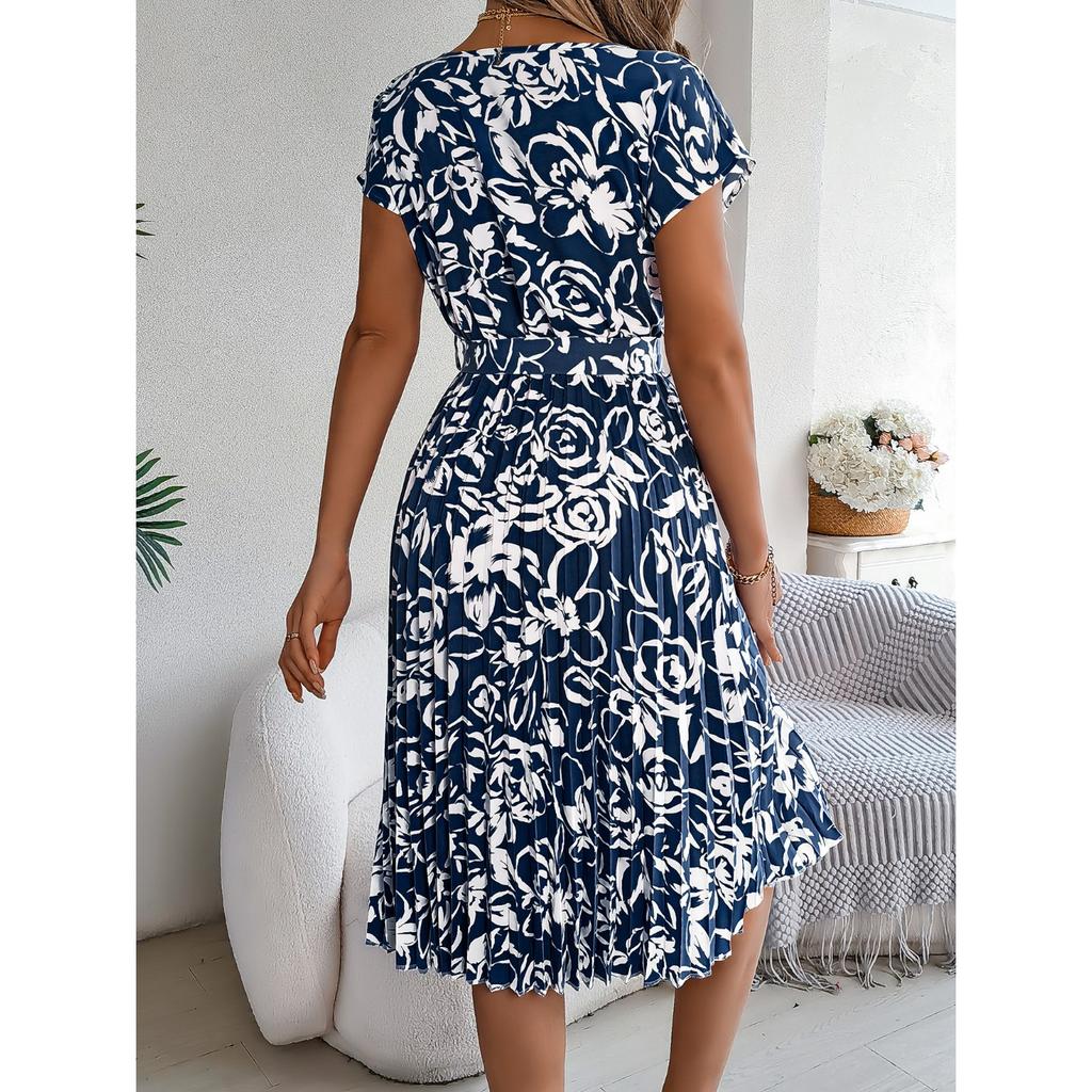 QICED Spring Summer Elegant Floral Short-sleeved Wide-swing Pleated Dress for Women's Wear