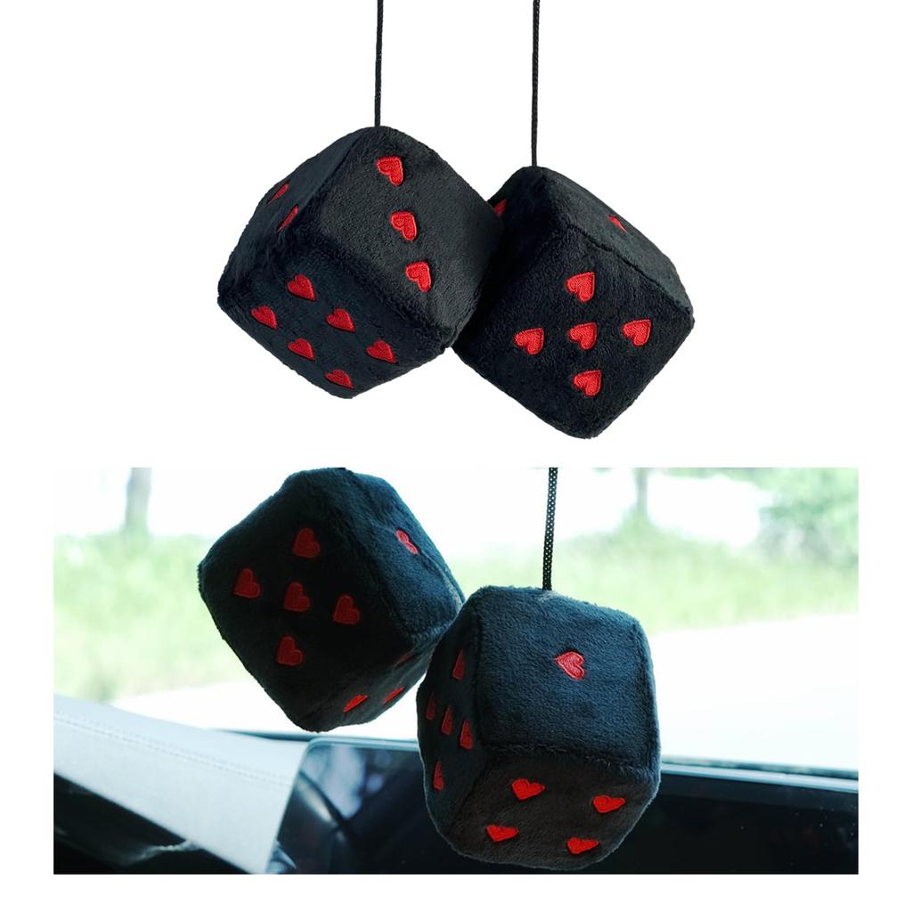 Ziciner Pair Fuzzy Plush Dice for Car Mirror 3" Retro Square Dice Heart Shape