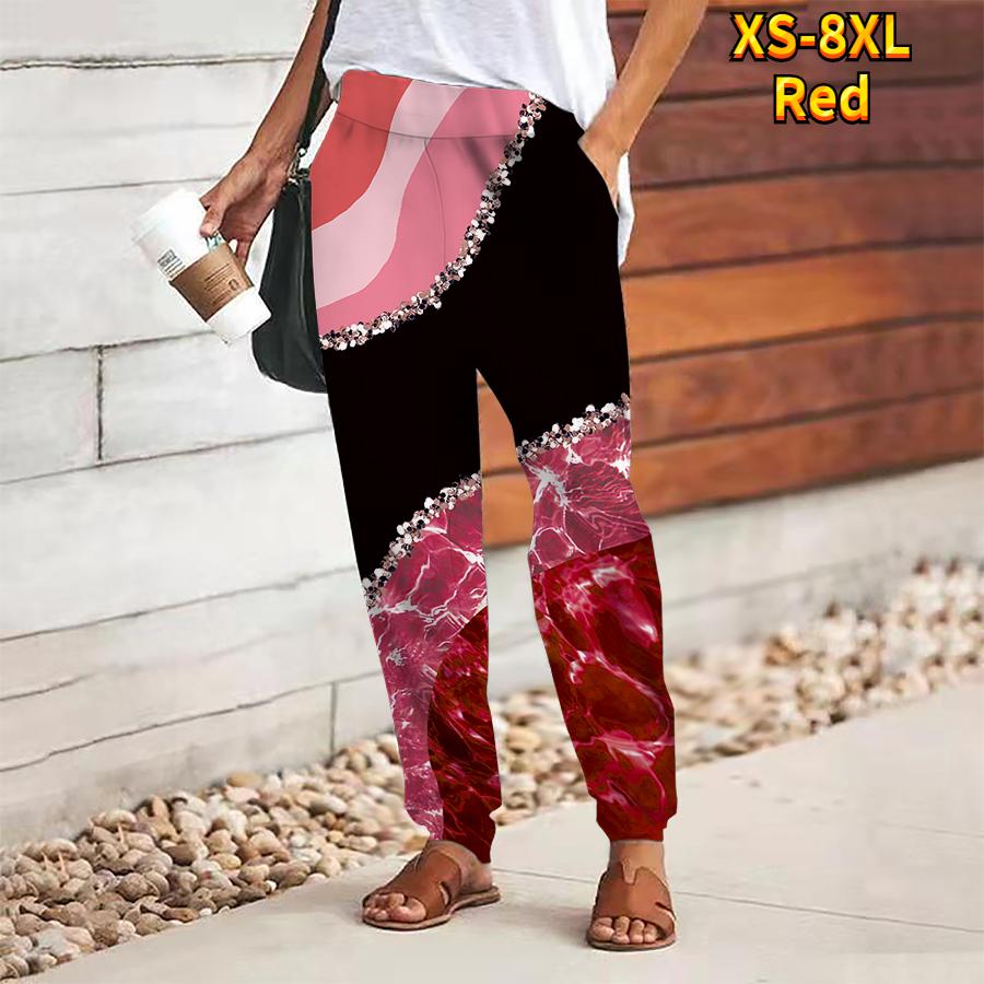 

Women Marbling Printing Pants Lace Up Elastic Waist Loose Trousers Casual Long Pants Trousers with Pockets XS красный