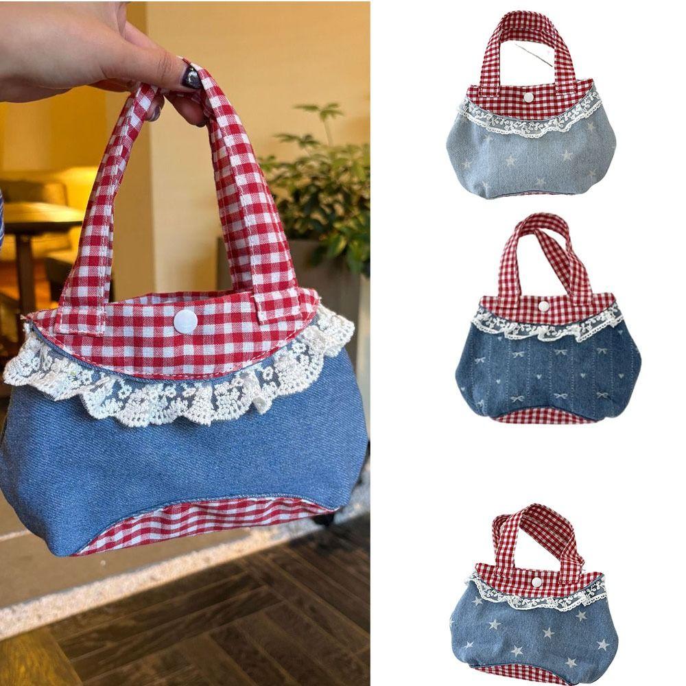 Sweet Fresh Lace Handbag Korean Style Cute Coin Purse Vintage Denim Plaid Handbag  Students