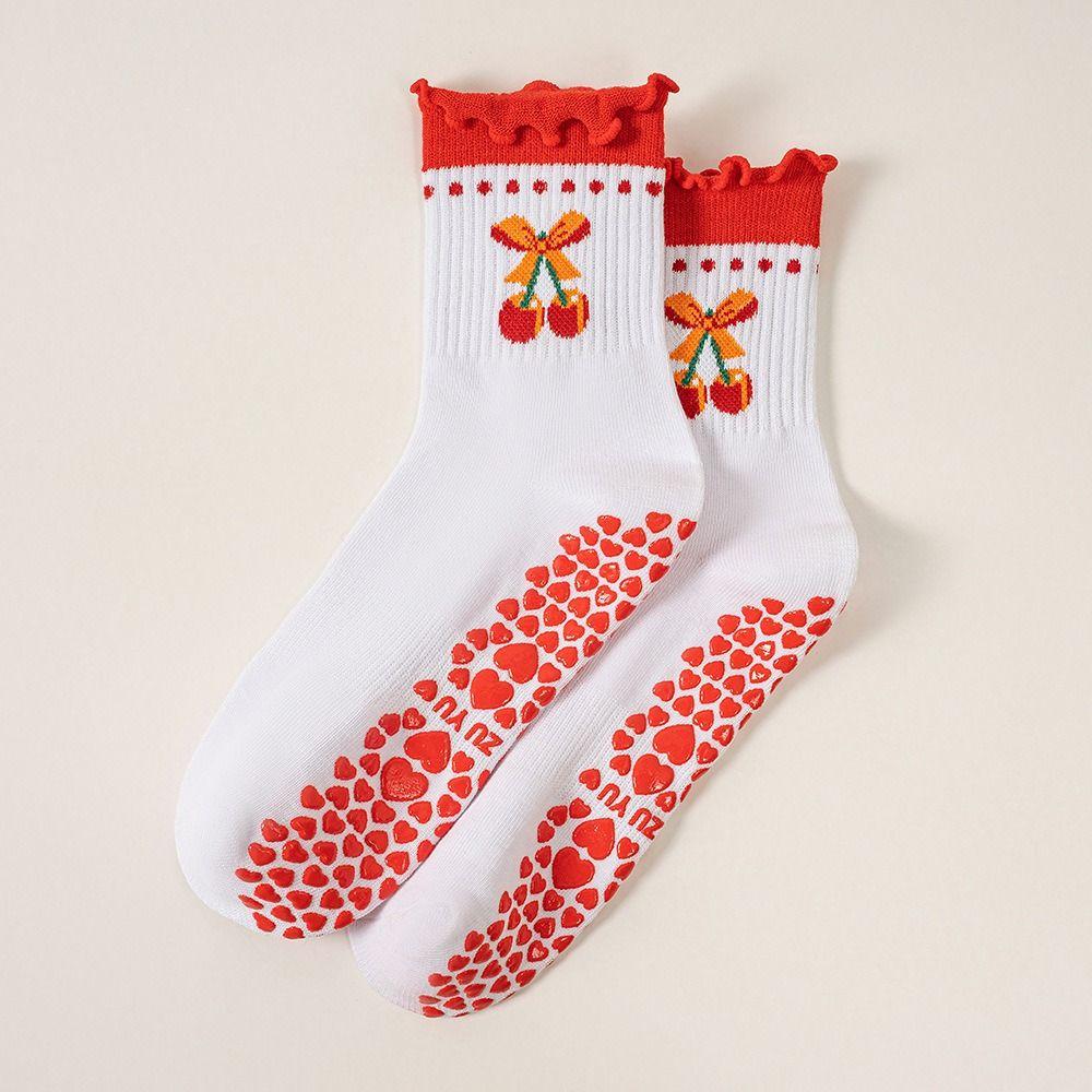 Cotton Pilates Socks Breathable Mid Tube Socks New Cherry Embroidery Socks
