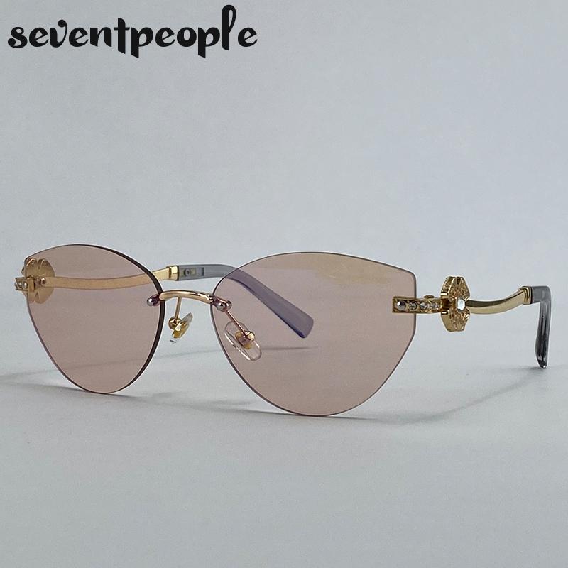 Trendy Cat Eye Frameless Sunglasses Women  Luxury Brand Y2K Punk Metal Cateye Sunglass Vintage Rimless Eyewear For Ladies