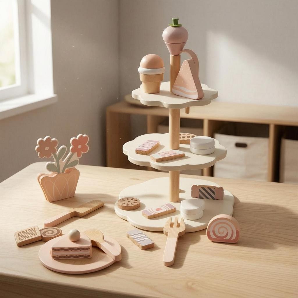 Wooden Dessert Playset Smooth Painted Finish Pretend Confectionery Stand Assorted Accessories
