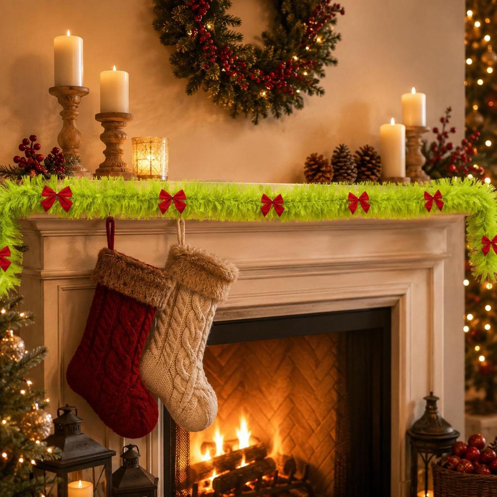 Light Green Christmas Tinsel Garland with Red Bows Xmas Tree Hanging Ornament Holiday Home Door Indoor Party Decoration Supplies