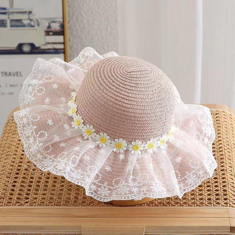 Chapeau de Paille d'Été pour Bébé Fille Couleur Unie Dentelle Volant Chapeau de Pêcheur pour Enfants Casquettes de Plage d'Extérieur Pare-soleil Chapeaux Bob à Large Bord