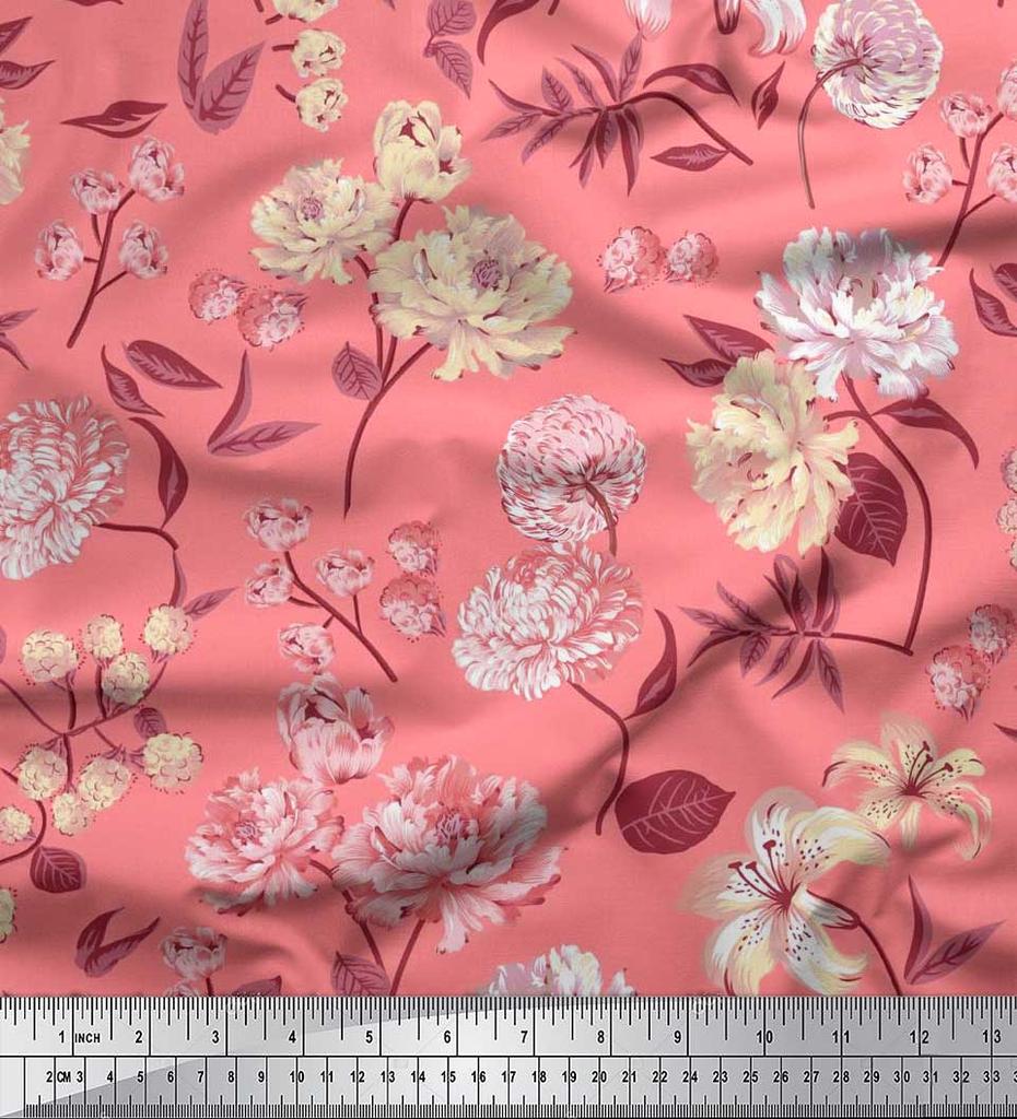 Soimoi Japan Crepe Satin Fabric Leaves,Peony & Dahlia Flower Printed Fabric 1 Metre 42 Inch