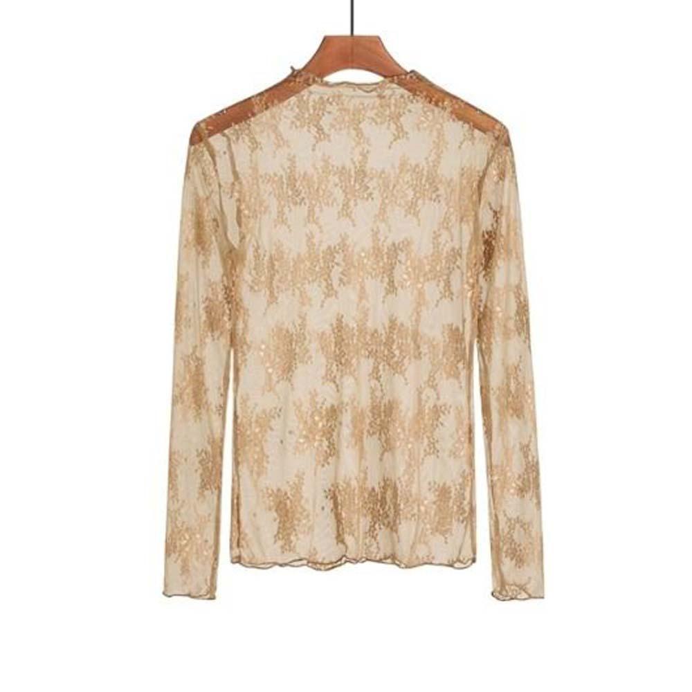 Mesh Lace Bottomed Blouse Hollow Lace Floral Shirts Elegant Transparent T-shirt Spring Autumn
