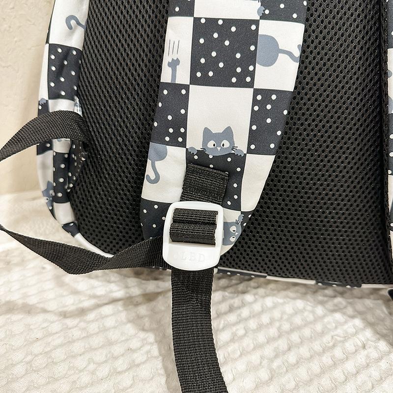 Plaid Cat Print Nylon Schoolbag Large Capacity Backpack High School Student Backpack