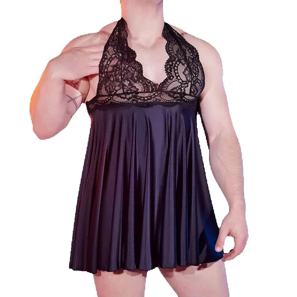 Sexy Men Lace Halter Backless Dresses High Elastic Slip A-Line Pleated Mini Micro Dresses Thin Sheer Oil Glossy Shiny Maid Dress
