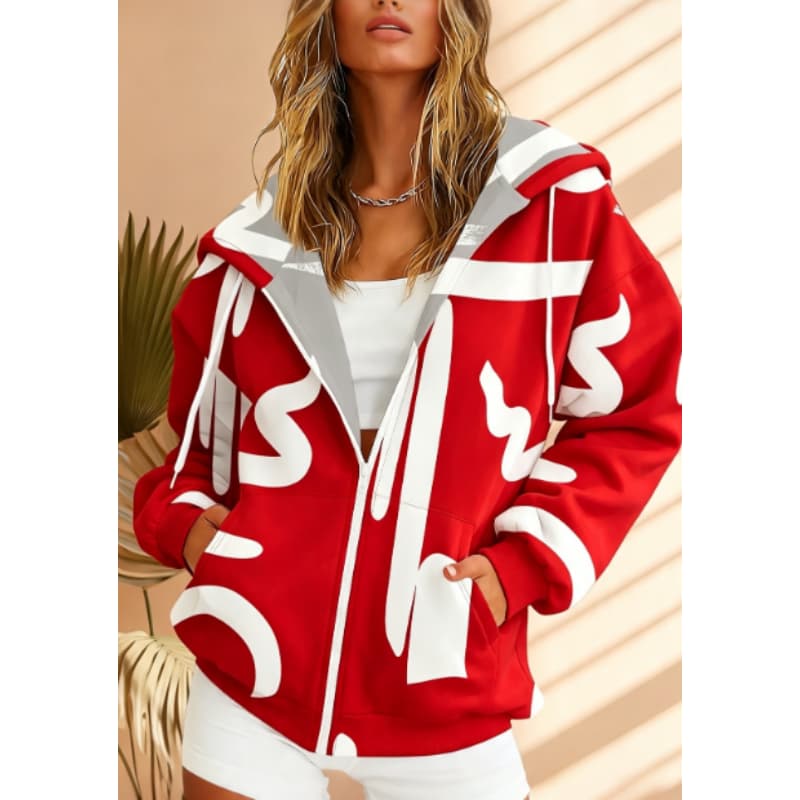 Women's 3D Printed Zipper Hooded Sweatshirt, Long Sleeves, Casual Sport Style