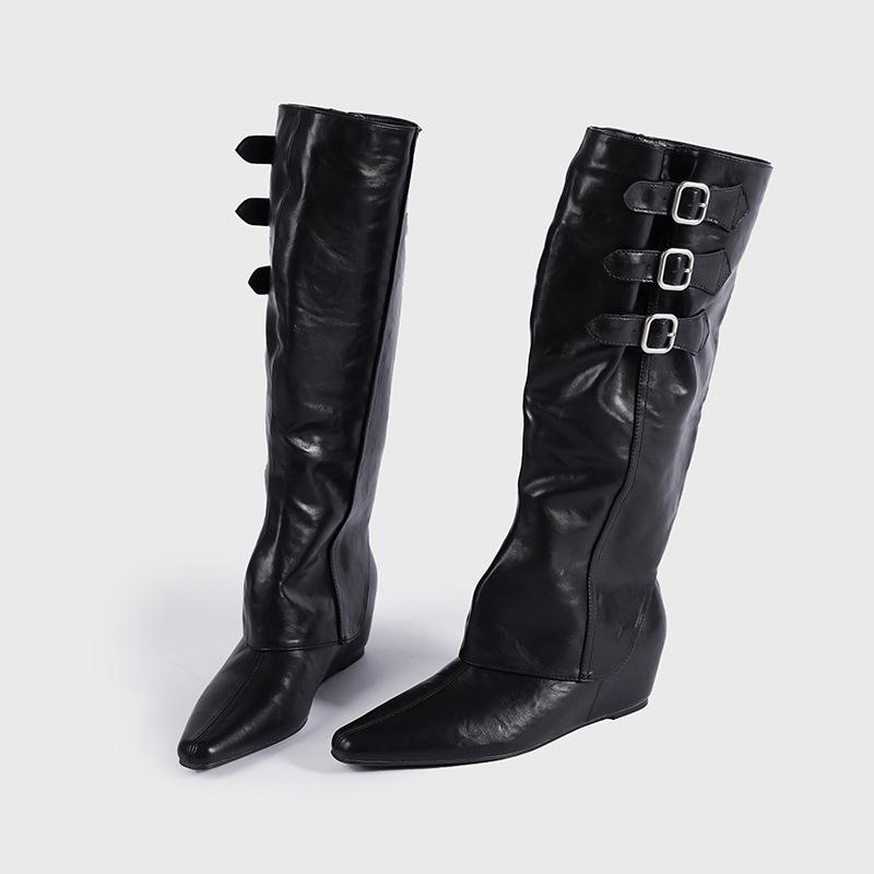 

Осень новая пряжка ремня внутренняя высота увеличение высокий голенище тонкий сексуальный ездить два носить рыцарские брюки ботинки Мартин женские ботинки 39 чёрный