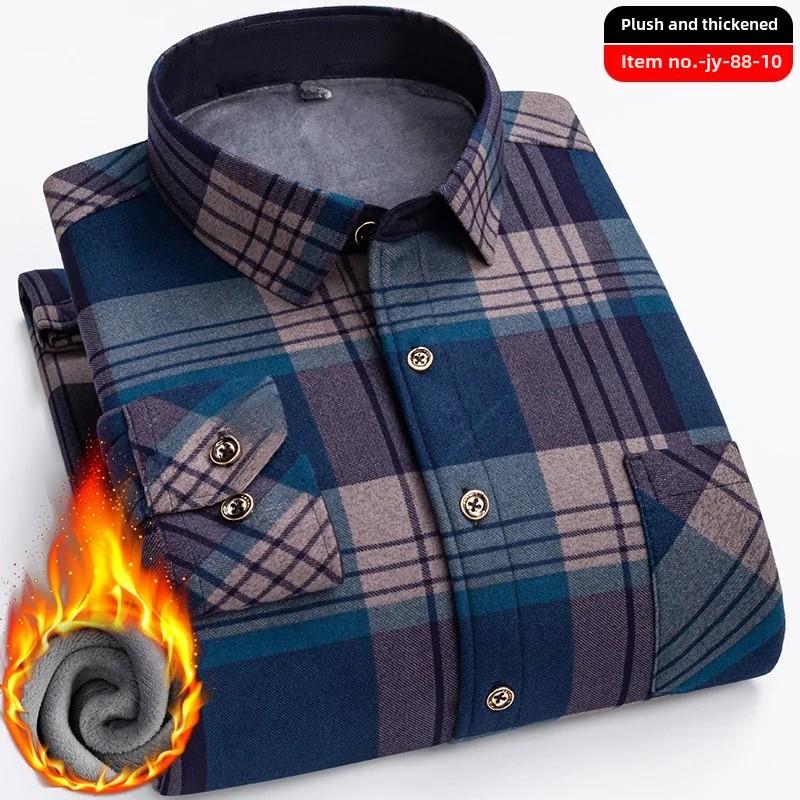Thickened Flannel Men's Shirt Warm Plaid Winter Casual Square Collar Plus Size Clothing Fleece Lined Double Sided Velvet