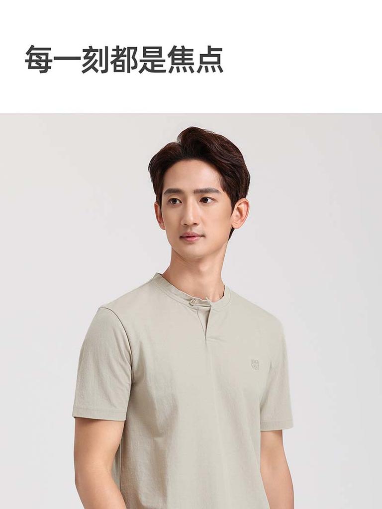 Langdeng Men's Summer Lightweight Breathable Imitation Hemp Henry L Collar Versatile Solid Color T-shirt