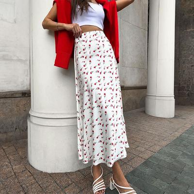 Women's Floral Half-body Skirt Spring Temperament Elegant High Waist A-line Cherry Print Half-body Skirt