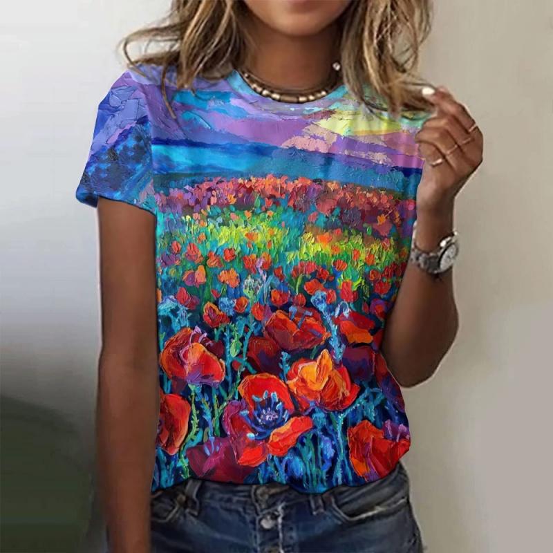 Ocean Sun Trees Flowers Pattern 3D Printed T Shirt For Women Short Sleeves Tees Summer Casual Loose T-Shirts Street Tops
