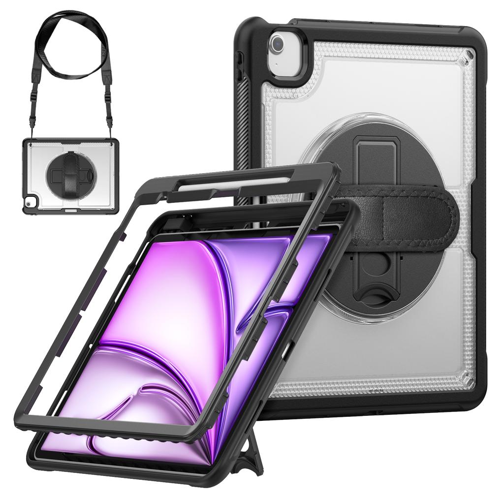 For iPad Air 13 (2025) M3 A3268/(2024) M2 Case Kickstand PC + TPE Tablet Cover with Hand Strap and Shoulder Strap