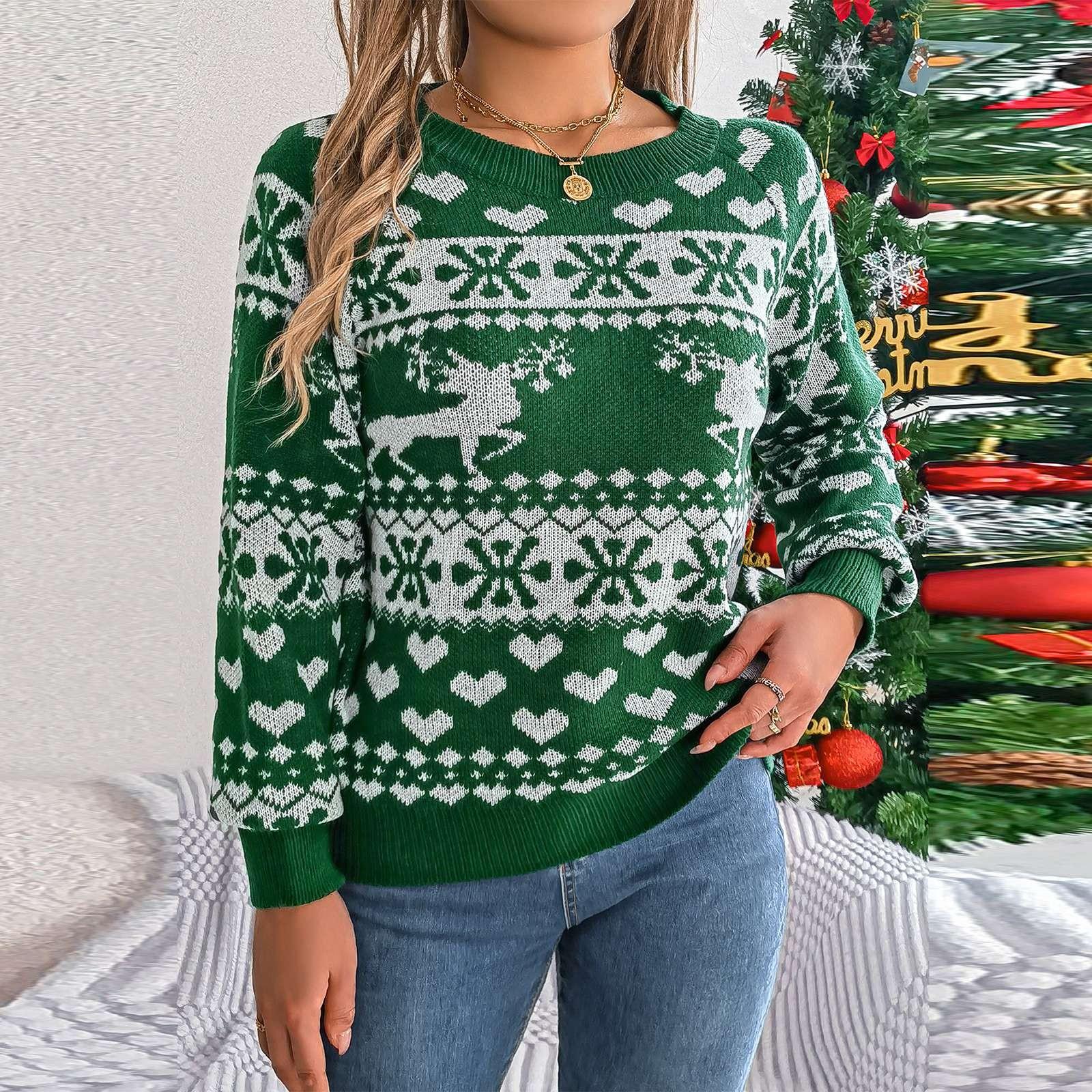 Женская мода повседневный свободный свитер с рисунком рождественского оленя контрастного цвета с длинным рукавом пуловер топ L зелёный 2319₽
