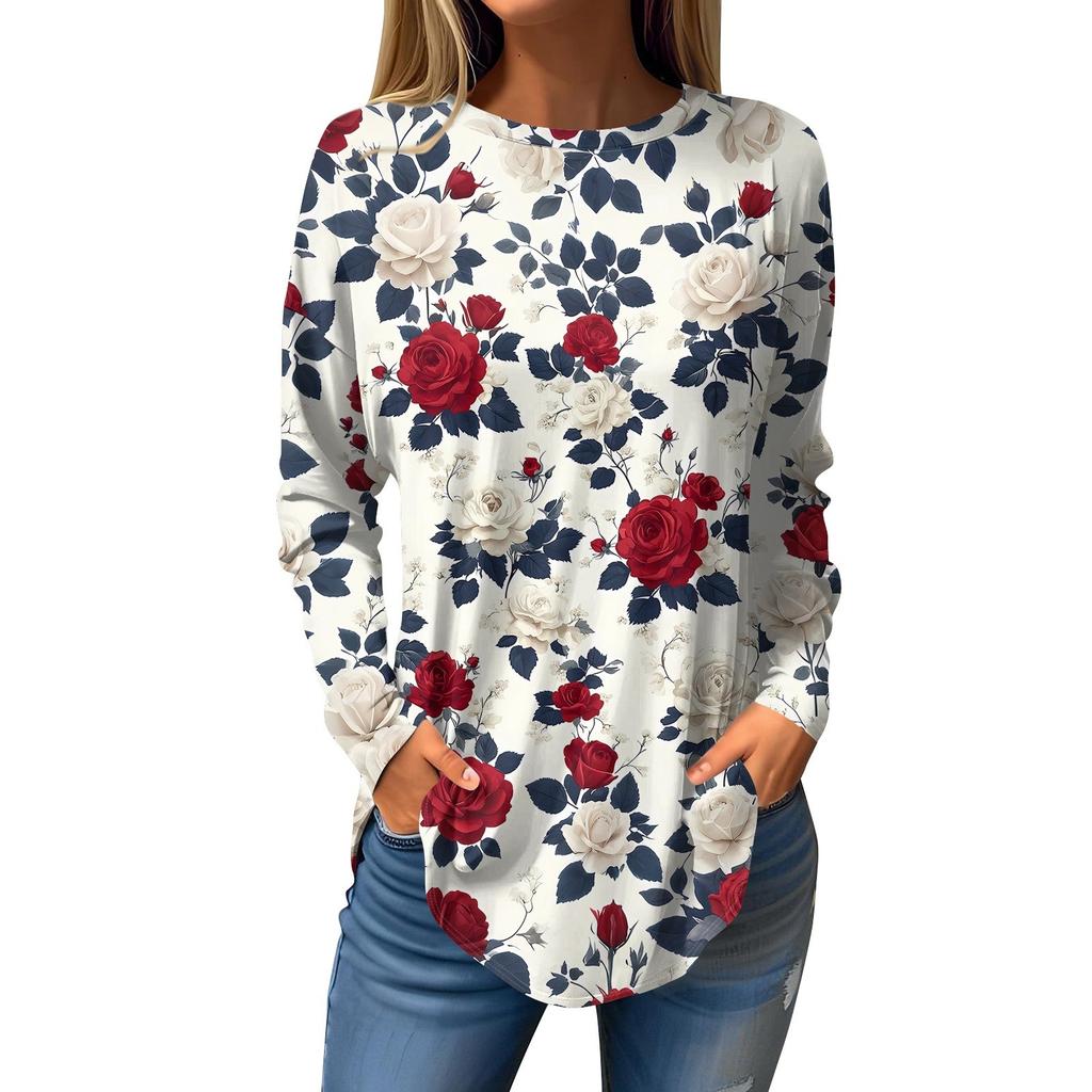 Women's Loose Round Neck Print Long Sleeve T-Shirt Top Pullover