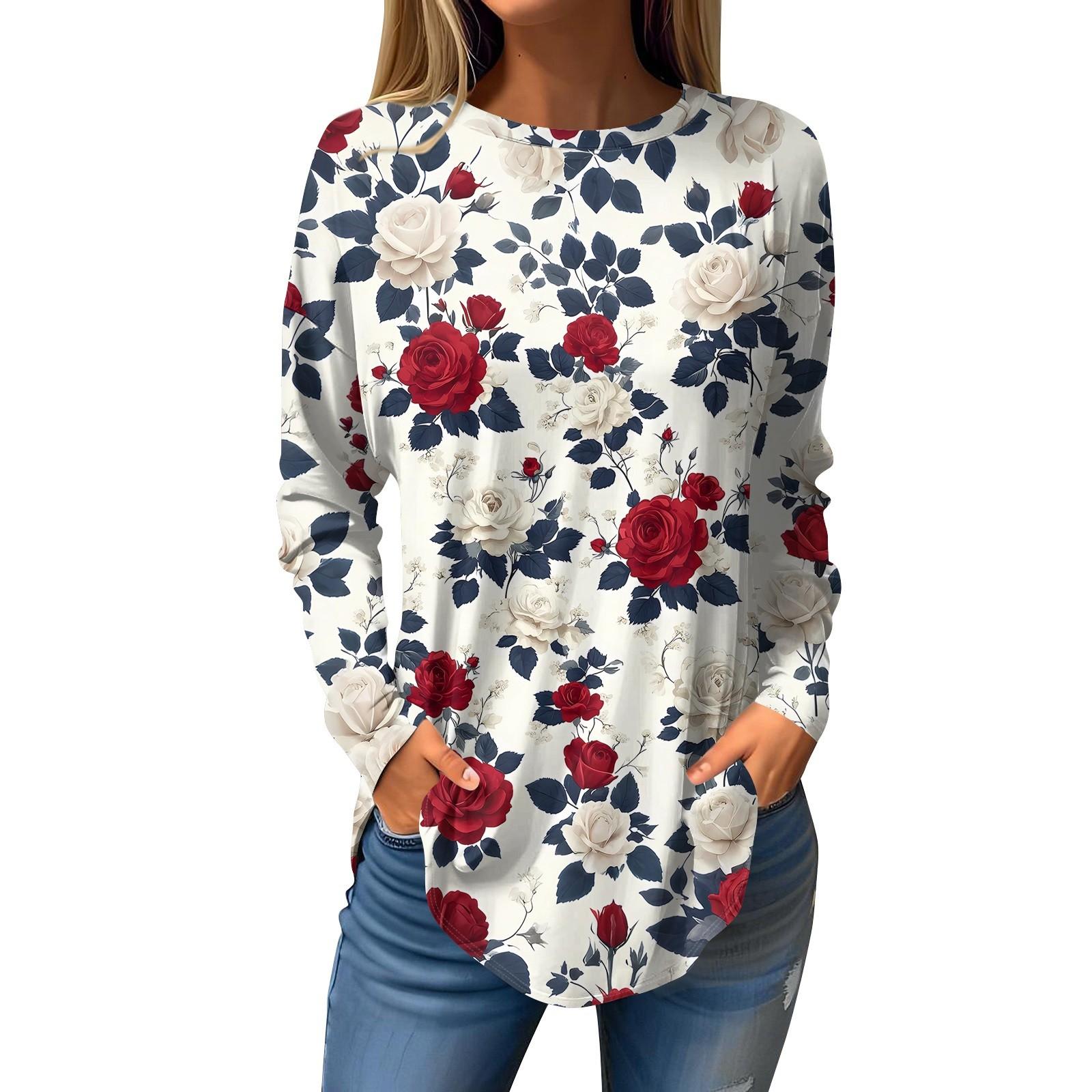 

Women s Loose Round Neck Print Long Sleeve T-Shirt Top Pullover XL винний