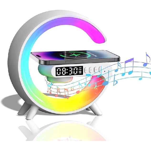 LED Table Lamp with Wireless Charger, Mini G Atmosphere Lamp with Bluetooth Speaker, Night Light Lamp Sunrise Alarm Clock, Smart Light Sound Machine