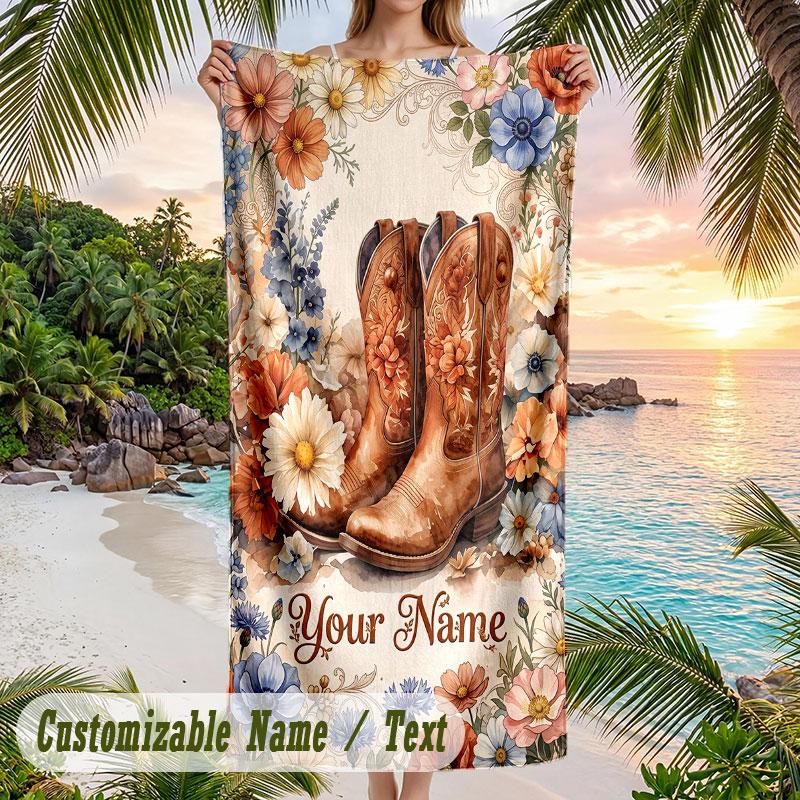 Floral Birds Theme Quick Dry Beach Towel Custom Name Text Print Large Sand Resistant Towel Beach Vacation