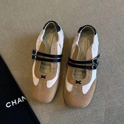 Cowhide Version~ Double One-word Buckle Comfortable Square Head Leather Women's Flat Bottom Color Matching Casual Sports Style Single Shoes