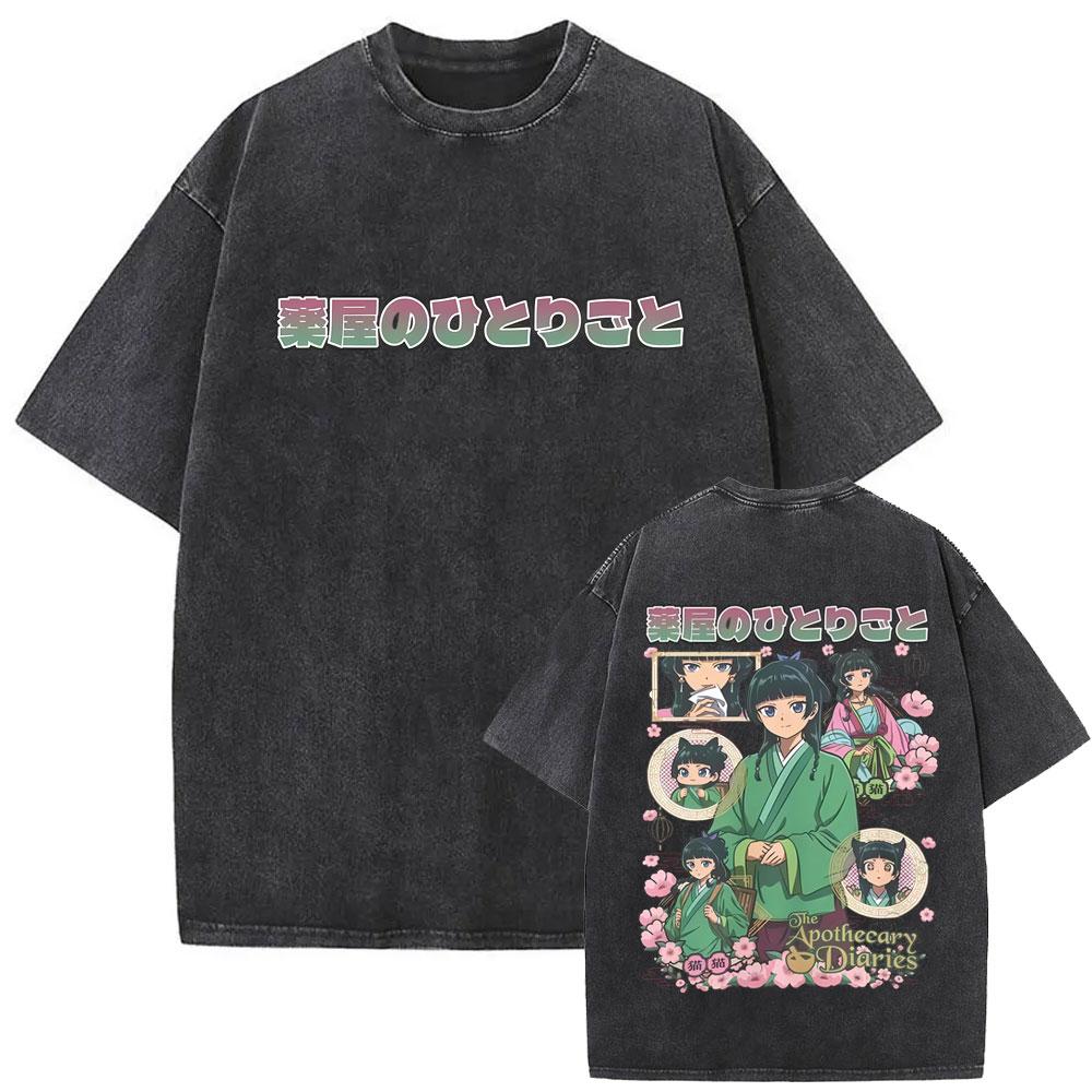 Gewaschenes Vintage Japanischer Anime The Apothecary Diaries Maomao Doppelseitiger Druck T-Shirt Herren Damen Freizeit Kawaii Lustige T-Shirts