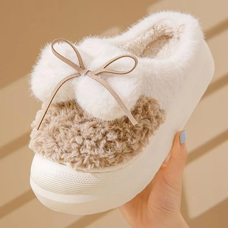 WTEMPO Soft Plush Women's Autumn Winter Bow Slippers Couple Thick Heel Non-slip Indoor Warm Cotton Slippers