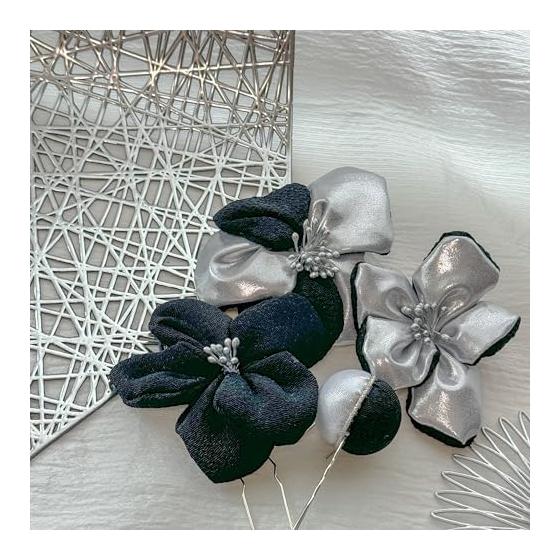 Chirimen Hair Ornaments for Coming-of-Age Ceremony, Graduation, Kimono - Tsumami Zaiku Black Silver Set with Kanzashi, Silver Balls, and Flowers