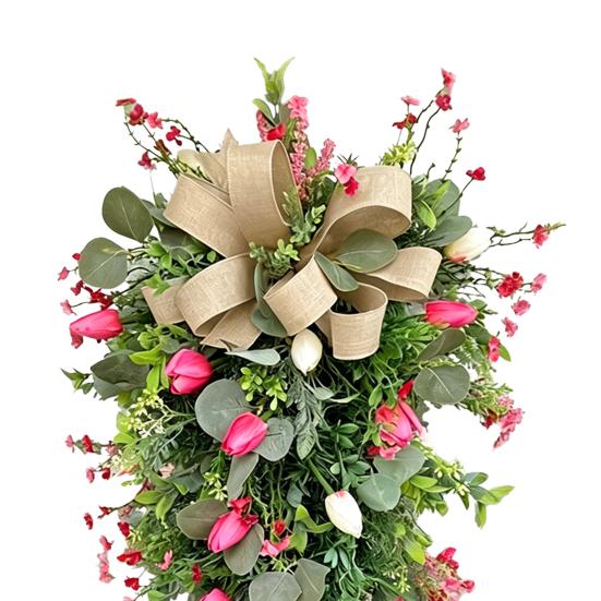 24" Tulip Teardrop Swag for Front Door Spring Artificial Teardrop Wreath with Burlap Bow for Farmhouse Kitchen Wall Mantel Decor