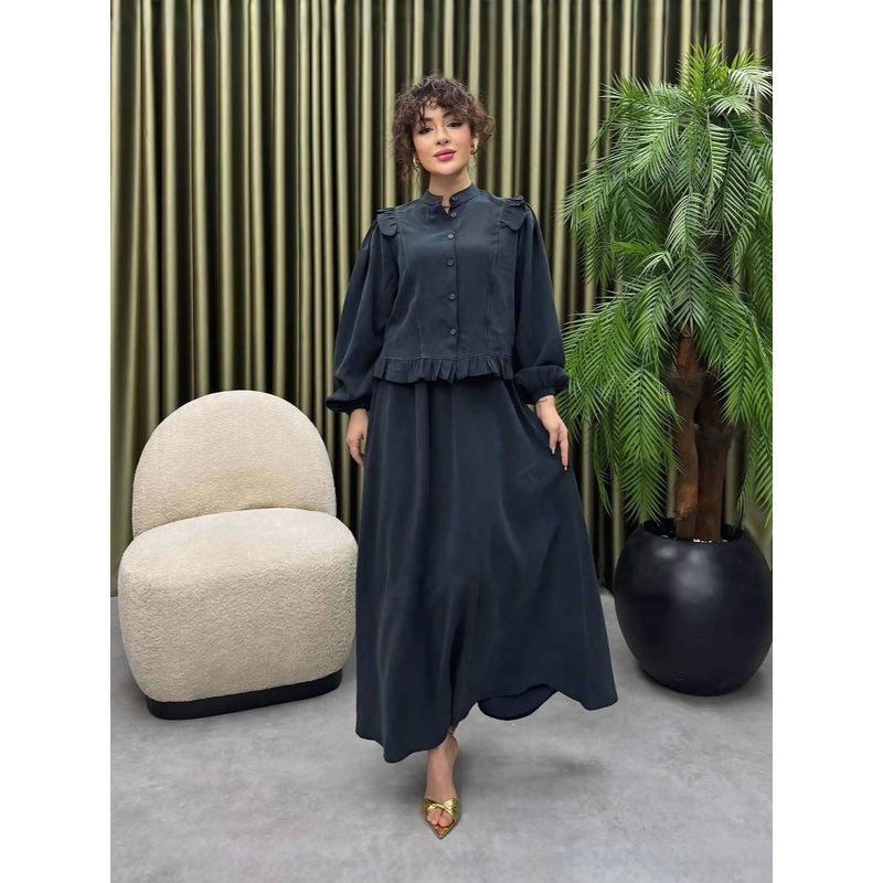 Western Style New Fashion Casual Stand Collar Long Sleeve Shirts Skirt Sets Shirt and Skirt Set