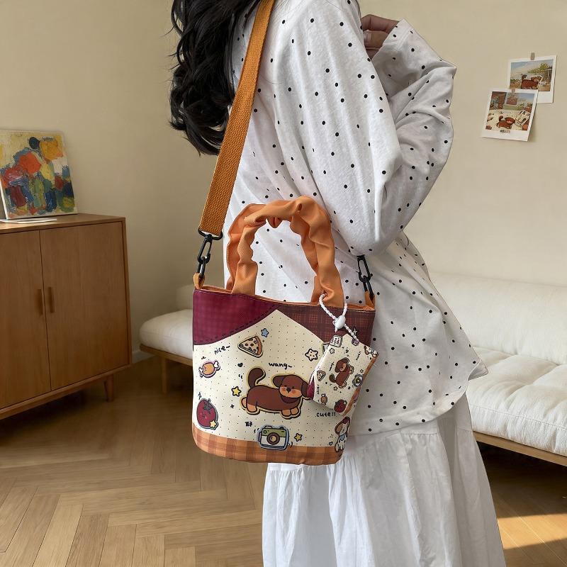 New Shoulder Messenger Bag Style Cute Cartoon Canvas Bag Women's Large-capacity Commuter Bucket Bag