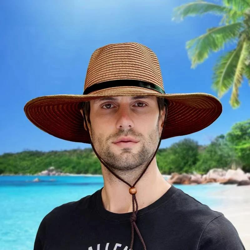 Foldable Jazz Straw Hat for Men and Women Summer Beach Strap Sunscreen Outdoor Sports Sun Hat Big Brim Woven Straw Hat