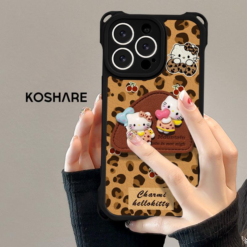 Leopard Print Kt Cat Bracket Is Suitable for Apple 16promax Mobile Phone Case Iphone14 Soft Silicone 15 Four-corner Lanyard 13.