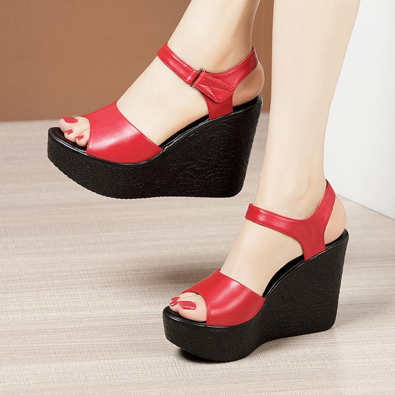 Cowhide Wedges Sandals Summer Women's Genuine Leather Shoes Platform Sandals Ladies High Heel Shoes Women Casual Flats 32-43