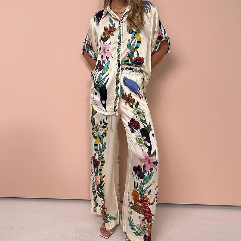 1116 Women's Christmas Fashion Set 1D Printed Autumn Casual Wide Leg Pants Cardigan Shirt