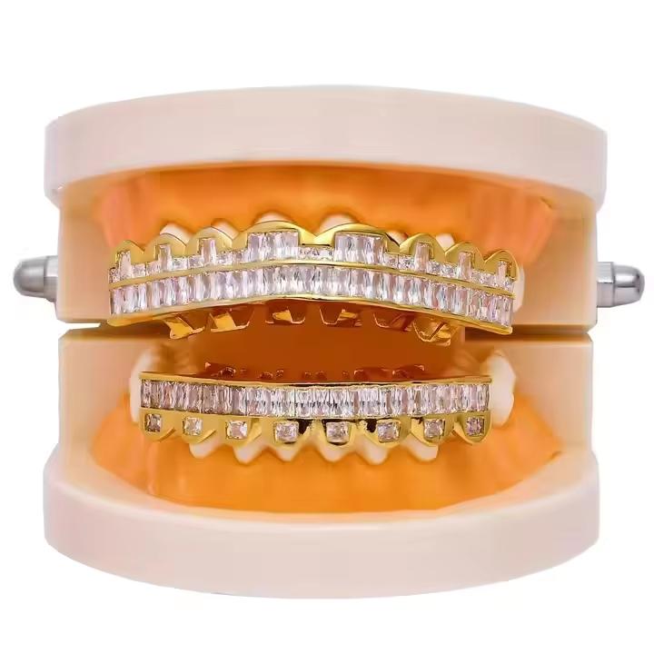 Fashion Eight Tooth Brass Grillz Hip Hop Bling Iced T-Square Zircon Gold Plated Jewelry for Party