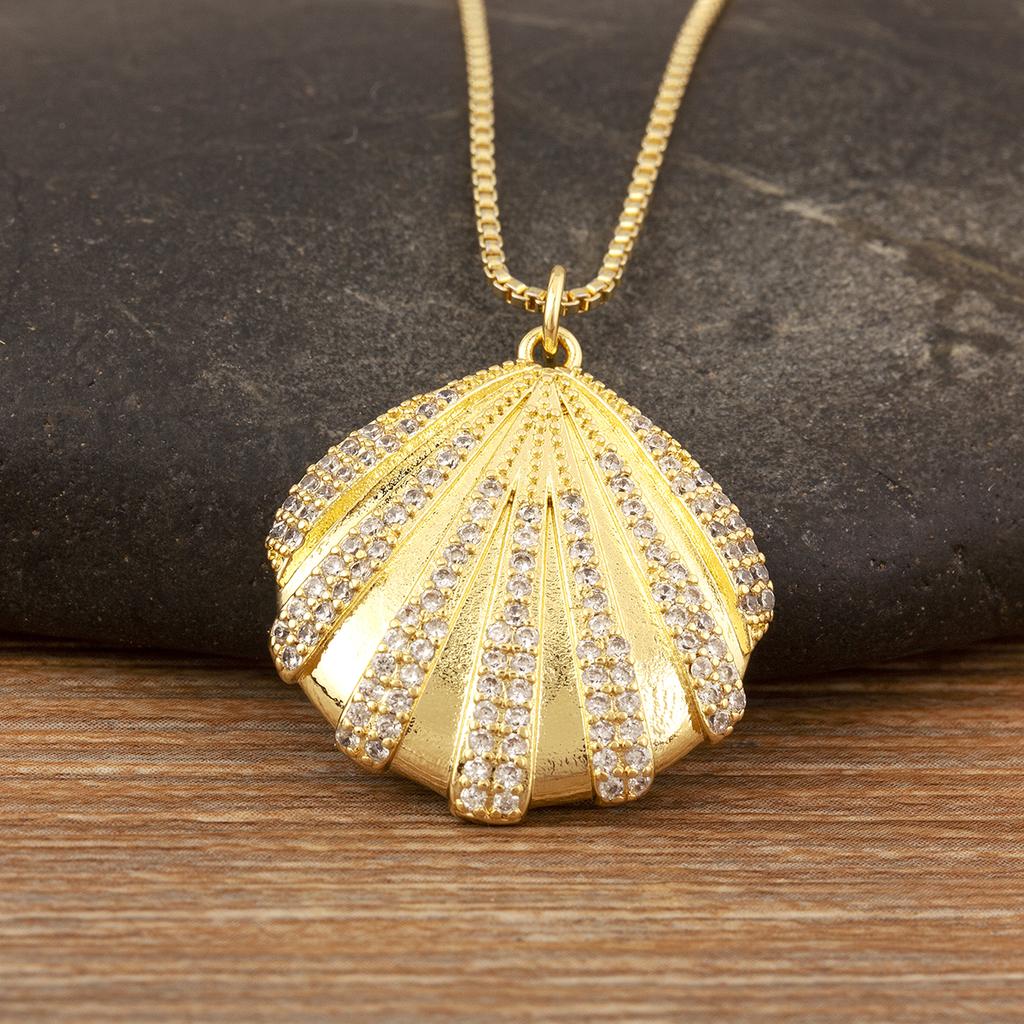 Nidin New Fashion Lucky Shell Shape Inlaid Pearl Crystal Zircon Pendant Necklace For Women Female 4 Styles Choice Jewelry Gifts