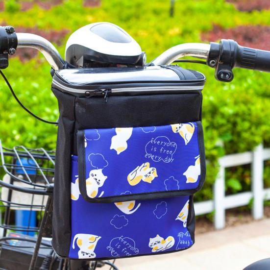 Bike Handlebar Bag Waterproof Large Capacity Cartoon Pattern Zipper Closure Double Layer Bike Front Bag Electric Bicycle Handlebar Frame Bag